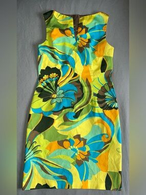 David Meister Sleeveless Floral Midi Dress in Aqua, Lime, Yellow & Brown